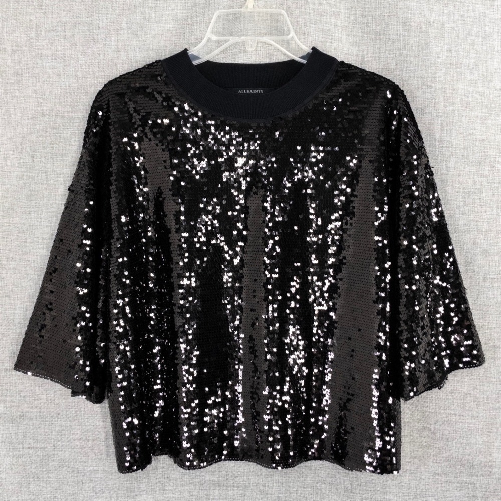 ALLSAINTS Juela Sequin Tee Women's Large Black Oversized Short Sleeve Blouse